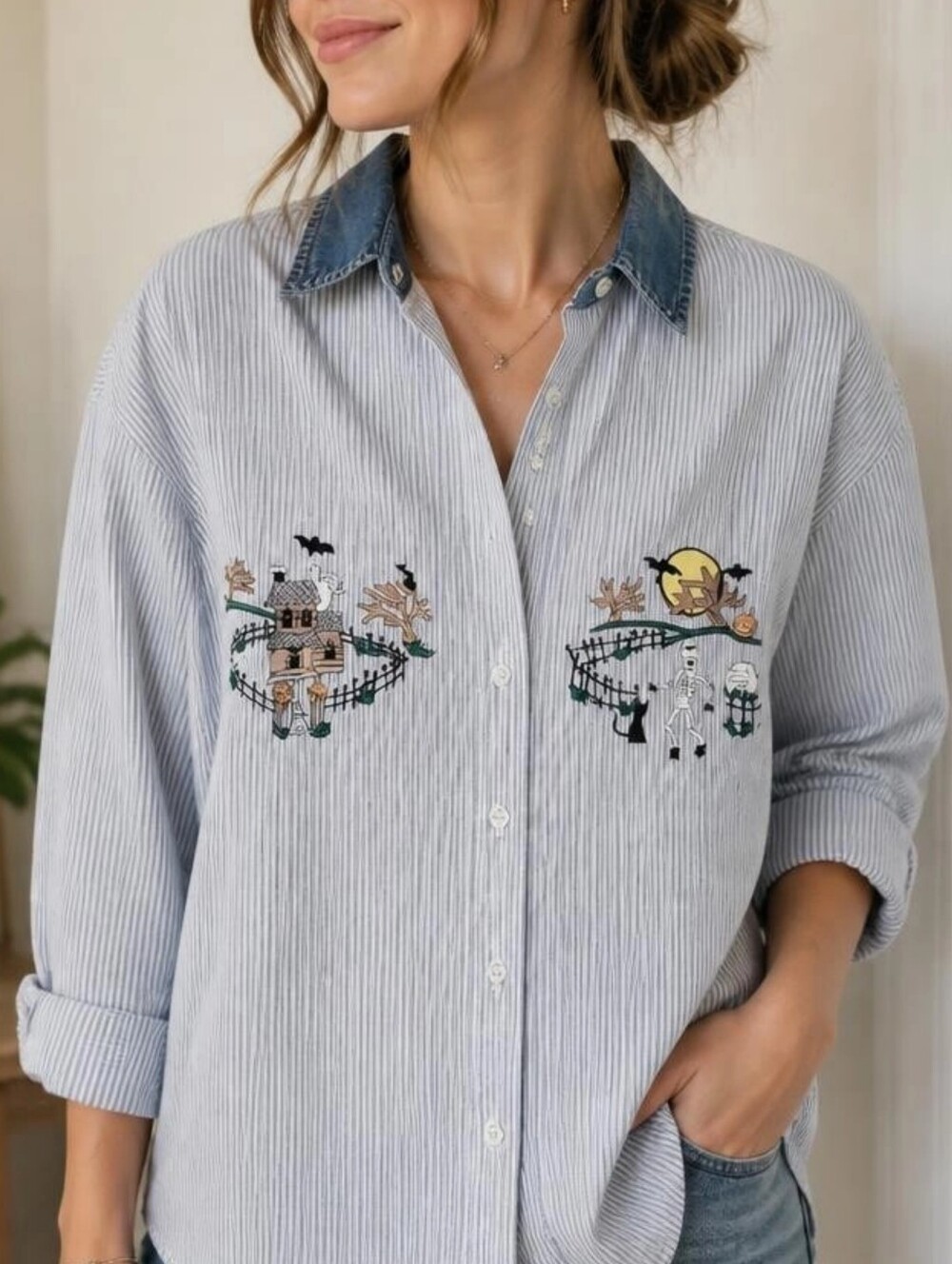VTG 90s Solutions Halloween Embroidered Pinstripe Shirt XL